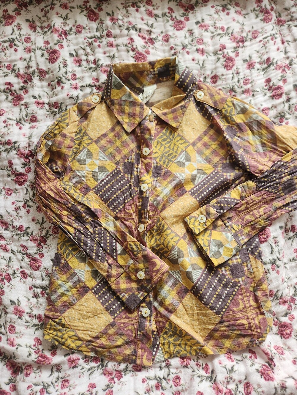 kate quinn Yellow and Brown Geometric Patchwork Button-Down Shirt
